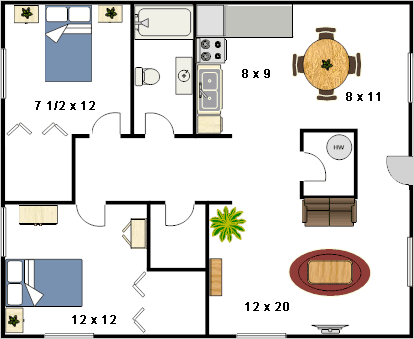 Floor plan for 2 beds, 1 bath, 950 sqft